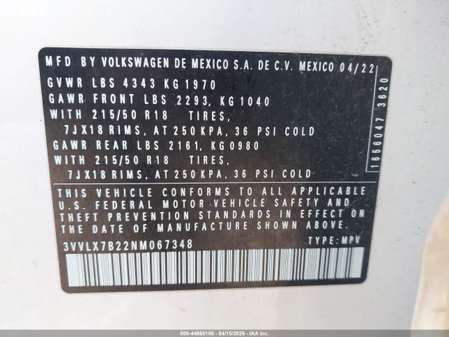 44865100 :رقم المزاد ، 3VVLX7B22NM067348 vin ، 2022 Volkswagen Taos 1.5t Se مزاد بيع