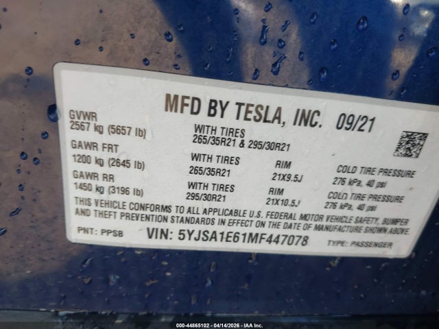 2021 Tesla Model S Plaid Tri Motor All-wheel Drive მანქანა იყიდება აუქციონზე, vin: 5YJSA1E61MF447078, აუქციონის ნომერი: 44865102