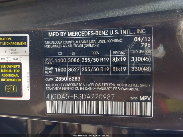 44865107 :رقم المزاد ، 4JGDA5HB3DA220987 vin ، 2013 Mercedes-benz Ml 350 4matic مزاد بيع