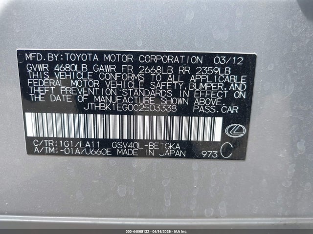 Aukcja sprzedaży 2012 Lexus Es 350, vin: JTHBK1EG0C2503338, numer aukcji: 44865132