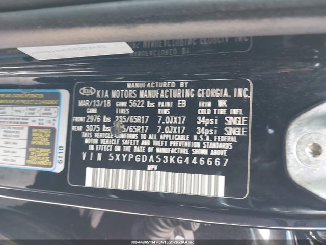 2019 Kia Sorento 3.3l Lx მანქანა იყიდება აუქციონზე, vin: 5XYPGDA53KG446667, აუქციონის ნომერი: 44865134