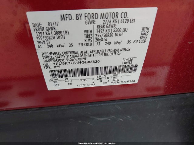 1FM5K7F81HGB83820 Ford Explorer Limited