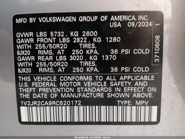 2024 Volkswagen Atlas 2.0t Se W/technology მანქანა იყიდება აუქციონზე, vin: 1V2JR2CA9RC620172, აუქციონის ნომერი: 44865139