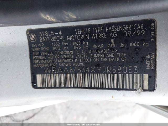 2000 Bmw 328i მანქანა იყიდება აუქციონზე, vin: WBAAM534XYJR58053, აუქციონის ნომერი: 44865142
