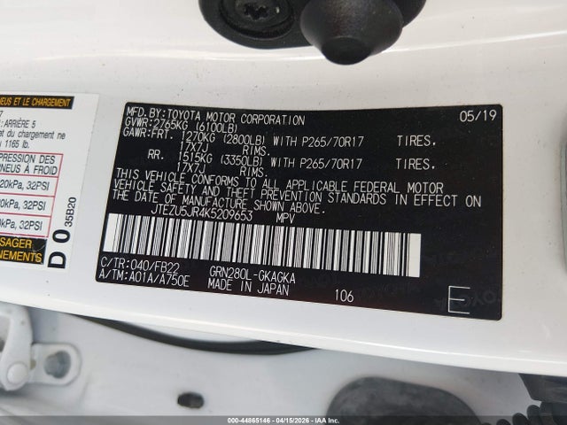 Aukcja sprzedaży 2019 Toyota 4runner Sr5, vin: JTEZU5JR4K5209653, numer aukcji: 44865146