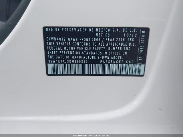 44865154 :رقم المزاد ، 3VW1K7AJ3DM389862 vin ، 2013 Volkswagen Jetta 2.0l S مزاد بيع