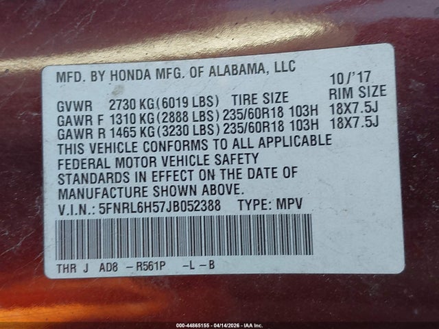 Продаж на аукціоні авто 2018 Honda Odyssey Ex, vin: 5FNRL6H57JB052388, номер лоту: 44865155