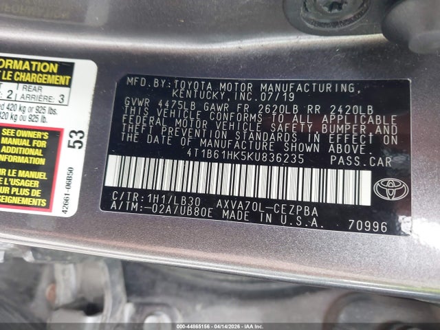 4T1B61HK5KU836235 Toyota CAMRY XSE
