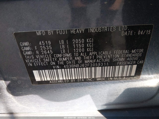 2015 Subaru Legacy 2.5i Limited მანქანა იყიდება აუქციონზე, vin: 4S3BNBJ62F3059311, აუქციონის ნომერი: 44865160