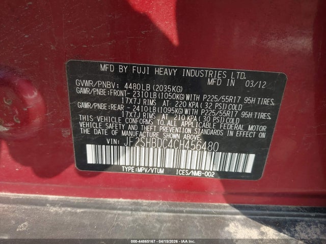 Продажа на аукционе авто 2012 Subaru Forester 2.5x Premium, vin: JF2SHBDC4CH456480, номер лота: 44865167