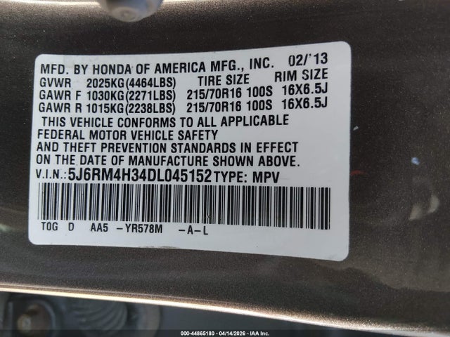 44865180 :رقم المزاد ، 5J6RM4H34DL045152 vin ، 2013 Honda Cr-v Lx مزاد بيع