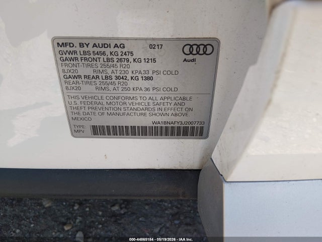 44865184 :رقم المزاد ، WA1BNAFY3J2007733 vin ، 2018 Audi Q5 2.0t Premium/2.0t Tech Premium مزاد بيع