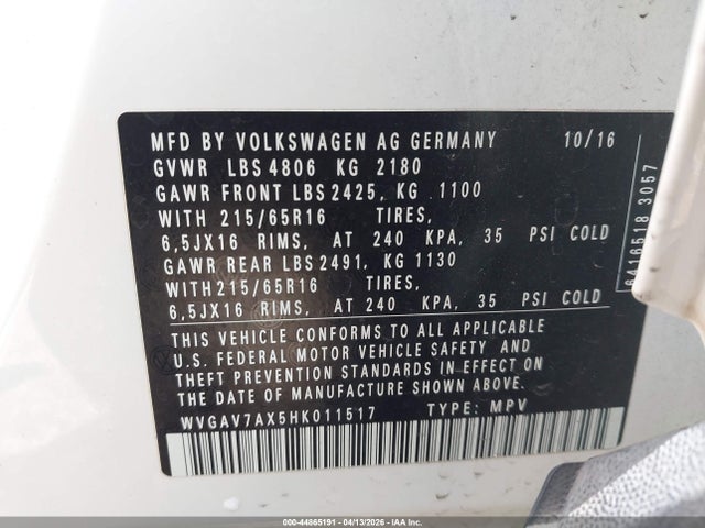 Aukcja sprzedaży 2017 Volkswagen Tiguan 2.0t/2.0t S, vin: WVGAV7AX5HK011517, numer aukcji: 44865191