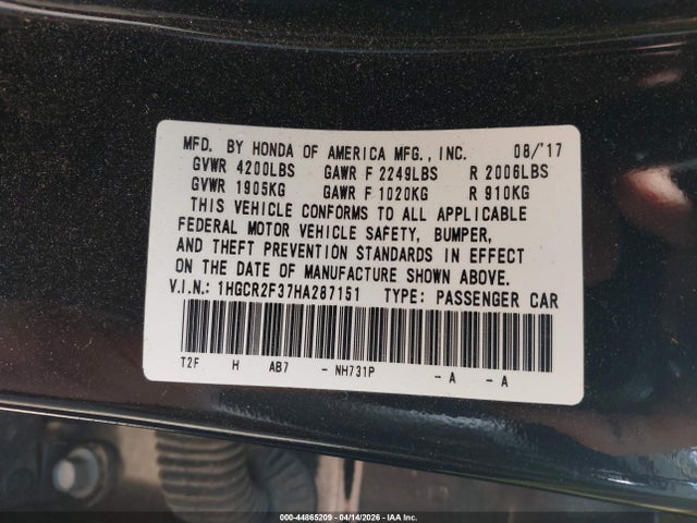 Продажа на аукционе авто 2017 Honda Accord Lx, vin: 1HGCR2F37HA287151, номер лота: 44865209