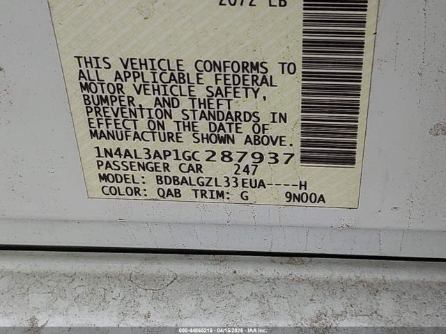 2016 Nissan Altima 2.5 S მანქანა იყიდება აუქციონზე, vin: 1N4AL3AP1GC287937, აუქციონის ნომერი: 44865216