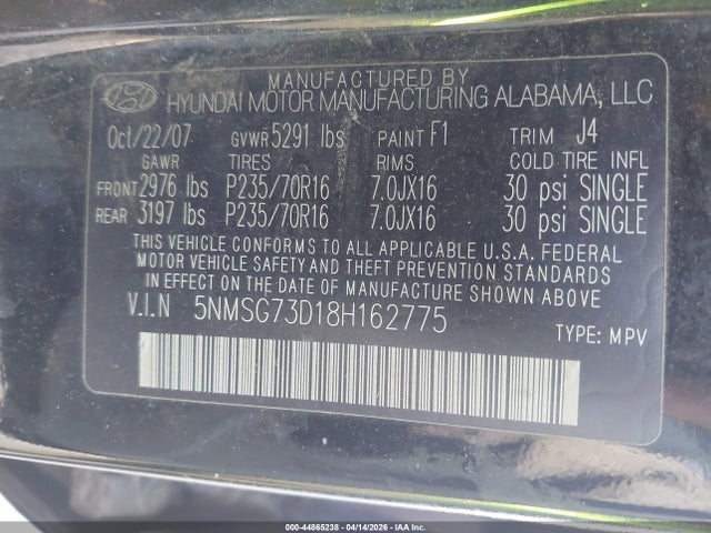 44865238 :رقم المزاد ، 5NMSG73D18H162775 vin ، 2008 Hyundai Santa Fe Gls مزاد بيع