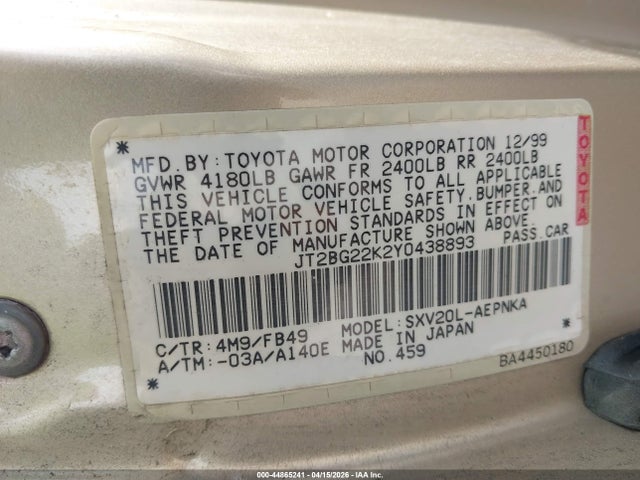 Aukcja sprzedaży 2000 Toyota Camry Le, vin: JT2BG22K2Y0438893, numer aukcji: 44865241