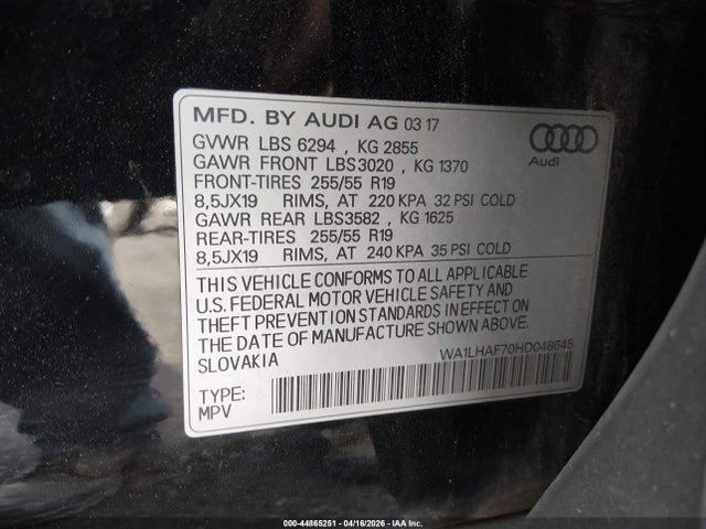 44865251 :رقم المزاد ، WA1LHAF70HD048645 vin ، 2017 Audi Q7 2.0t Premium مزاد بيع
