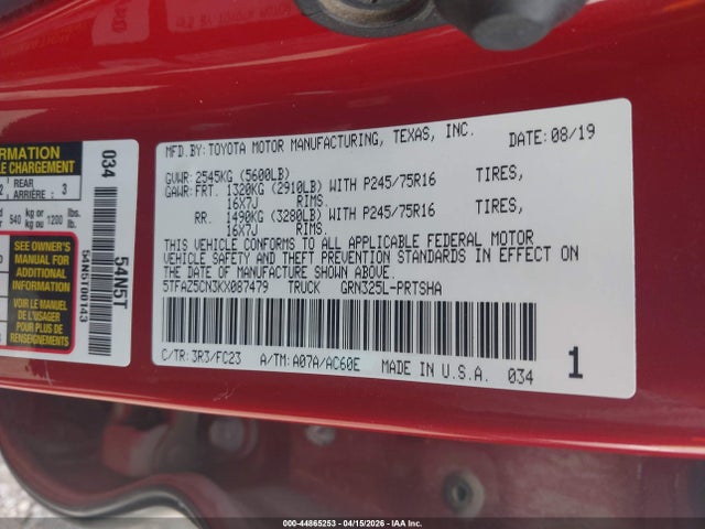 2019 Toyota Tacoma Sr5 V6 მანქანა იყიდება აუქციონზე, vin: 5TFAZ5CN3KX087479, აუქციონის ნომერი: 44865253