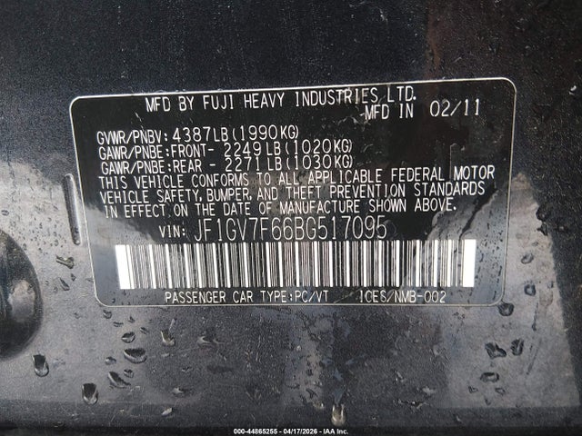 44865255 :رقم المزاد ، JF1GV7F66BG517095 vin ، 2011 Subaru Impreza Wrx Premium مزاد بيع