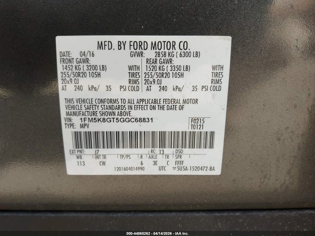 2016 Ford Explorer Sport მანქანა იყიდება აუქციონზე, vin: 1FM5K8GT5GGC68831, აუქციონის ნომერი: 44865262