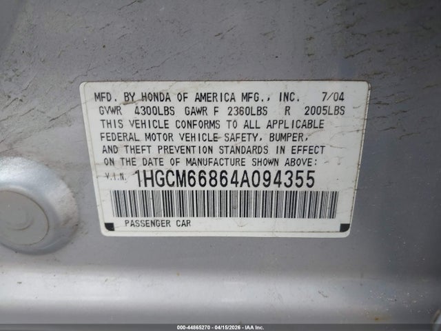 44865270 :رقم المزاد ، 1HGCM66864A094355 vin ، 2004 Honda Accord 3.0 Ex مزاد بيع
