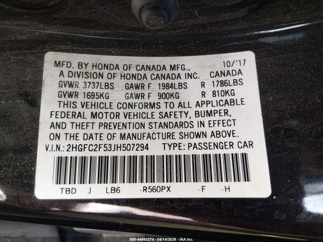 2HGFC2F53JH507294 Honda Civic Lx