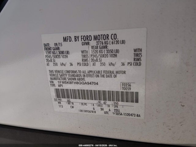 Aukcja sprzedaży 2016 Ford Explorer Limited, vin: 1FM5K8FH8GGA94704, numer aukcji: 44865276