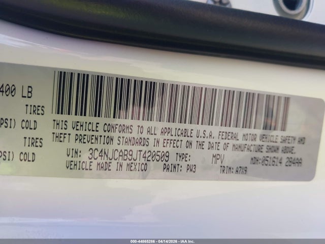 44865286 :رقم المزاد ، 3C4NJCAB9JT420509 vin ، 2018 Jeep Compass Sport Fwd مزاد بيع