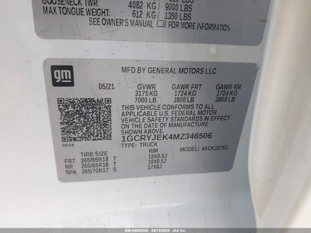 44865288 :رقم المزاد ، 1GCRYJEK4MZ346506 vin ، 2021 Chevrolet Silverado 1500 4wd  Standard Bed Lt With 2fl مزاد بيع