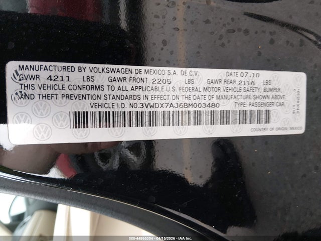 Продажа на аукционе авто 2011 Volkswagen Jetta 2.5l Se, vin: 3VWDX7AJ6BM003480, номер лота: 44865304