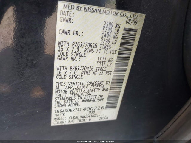 44865308 :رقم المزاد ، 1N6AD0ER7AC400716 vin ، 2010 Nissan Frontier Se مزاد بيع