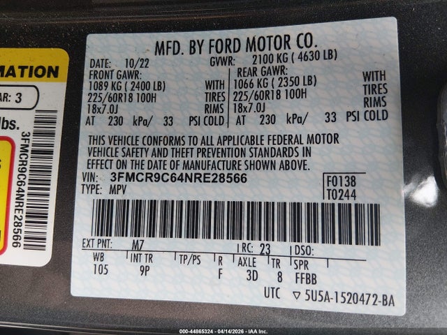 44865324 :رقم المزاد ، 3FMCR9C64NRE28566 vin ، 2022 Ford Bronco Sport Outer Banks مزاد بيع