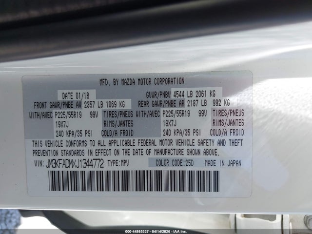Aukcja sprzedaży 2018 Mazda Cx-5 Grand Touring, vin: JM3KFADMXJ1344772, numer aukcji: 44865327
