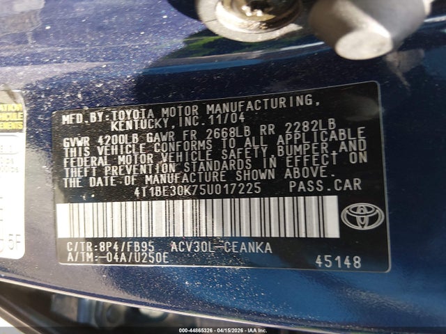 Aukcja sprzedaży 2005 Toyota Camry Le, vin: 4T1BE30K75U017225, numer aukcji: 44865326