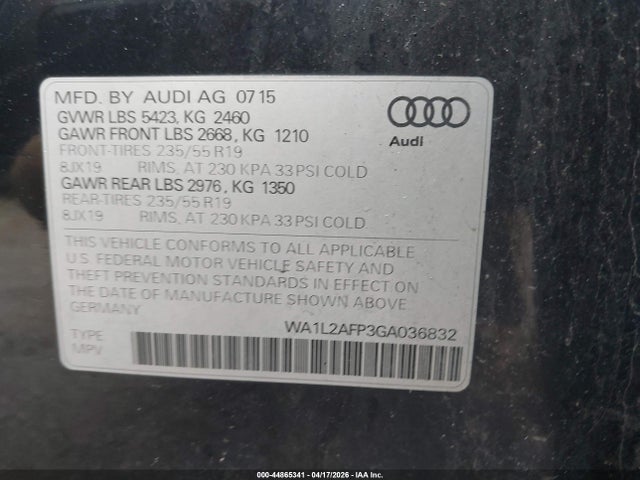 Продажа на аукционе авто 2016 Audi Q5 2.0t Premium, vin: WA1L2AFP3GA036832, номер лота: 44865341