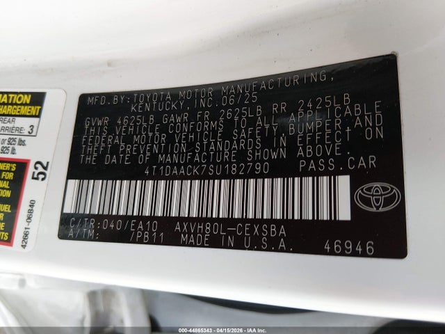 44865343 :رقم المزاد ، 4T1DAACK7SU182790 vin ، 2025 Toyota Camry Se مزاد بيع