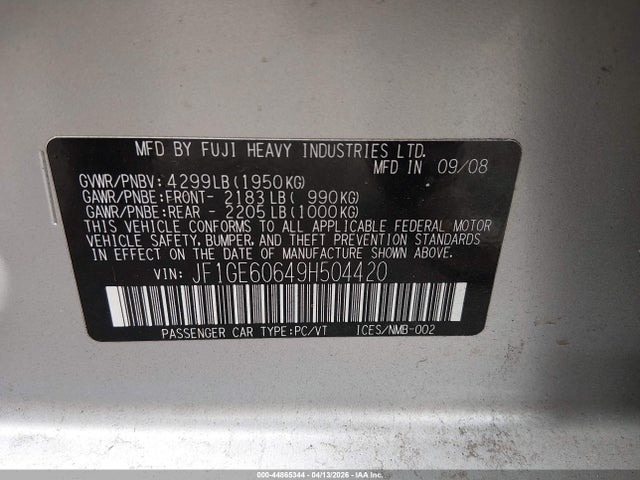 Aukcja sprzedaży 2009 Subaru Impreza 2.5i, vin: JF1GE60649H504420, numer aukcji: 44865344