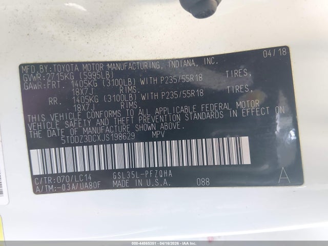 5TDDZ3DCXJS198629 Toyota Sienna Xle Premium 7 Passenger