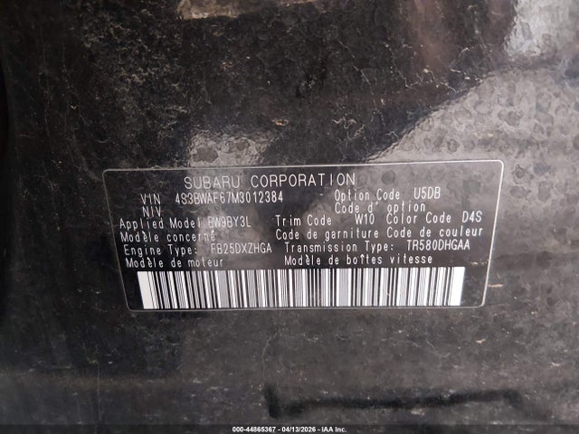 Продаж на аукціоні авто 2021 Subaru Legacy Premium, vin: 4S3BWAF67M3012384, номер лоту: 44865367