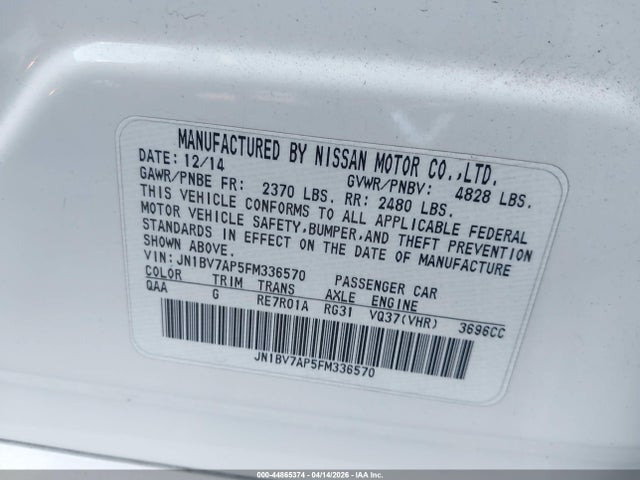 44865374 :رقم المزاد ، JN1BV7AP5FM336570 vin ، 2015 Infiniti Q50 Premium مزاد بيع