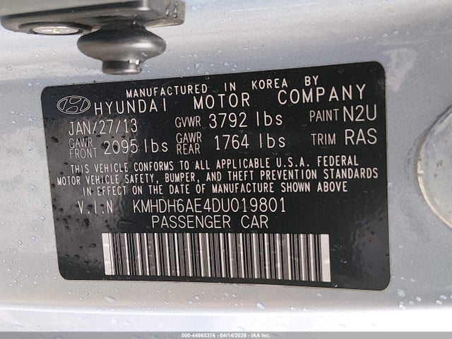 44865376 :رقم المزاد ، KMHDH6AE4DU019801 vin ، 2013 Hyundai Elantra Gs مزاد بيع