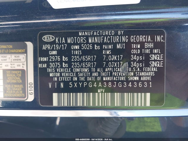 Aukcja sprzedaży 2018 Kia Sorento 2.4l Lx, vin: 5XYPG4A38JG343631, numer aukcji: 44865399