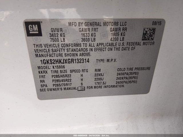 Aukcja sprzedaży 2016 Gmc Yukon Xl Denali, vin: 1GKS2HKJXGR132314, numer aukcji: 44865409