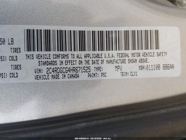 44865415 :رقم المزاد ، 2C4RDGCG4HR671525 vin ، 2017 Dodge Grand Caravan Sxt مزاد بيع