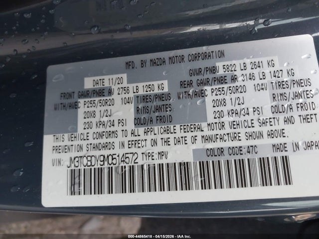 Продаж на аукціоні авто 2021 Mazda Cx-9 Carbon Edition, vin: JM3TCBDY9M0514572, номер лоту: 44865418