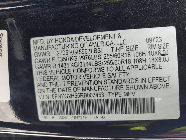 Продажа на аукционе авто 2024 Honda Pilot Ex-l 7 Passenger, vin: 5FNYG2H55RB003453, номер лота: 44865419