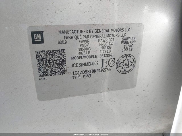 Продаж на аукціоні авто 2019 Chevrolet Malibu Lt, vin: 1G1ZD5ST0KF192755, номер лоту: 44865427
