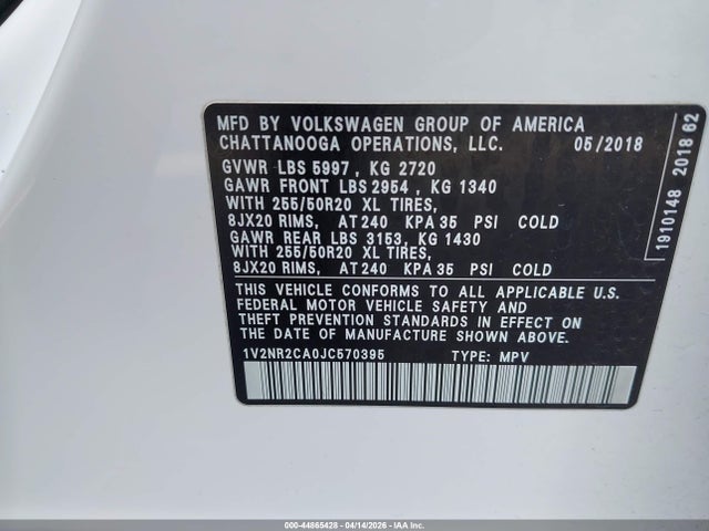 Продаж на аукціоні авто 2018 Volkswagen Atlas 3.6l V6 Sel Premium, vin: 1V2NR2CA0JC570395, номер лоту: 44865428