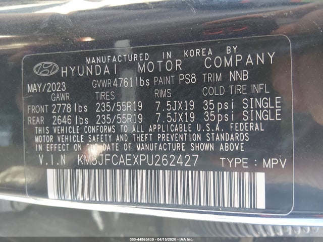 44865439 :رقم المزاد ، KM8JFCAEXPU262427 vin ، 2023 Hyundai Tucson Xrt مزاد بيع